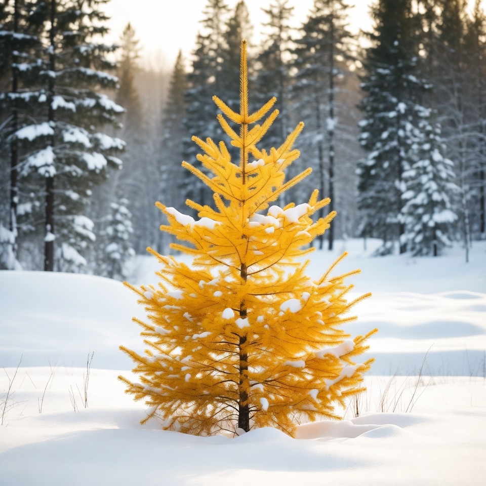 Yellow pine tree in snowy forest Yellow pine tree in snowy forest