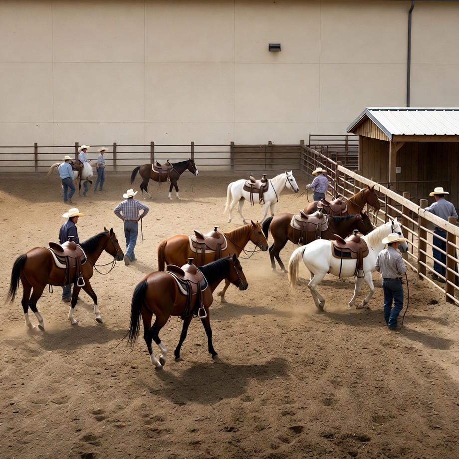 Cowboys Handling Horses in Arena Cowboys Handling Horses in Arena