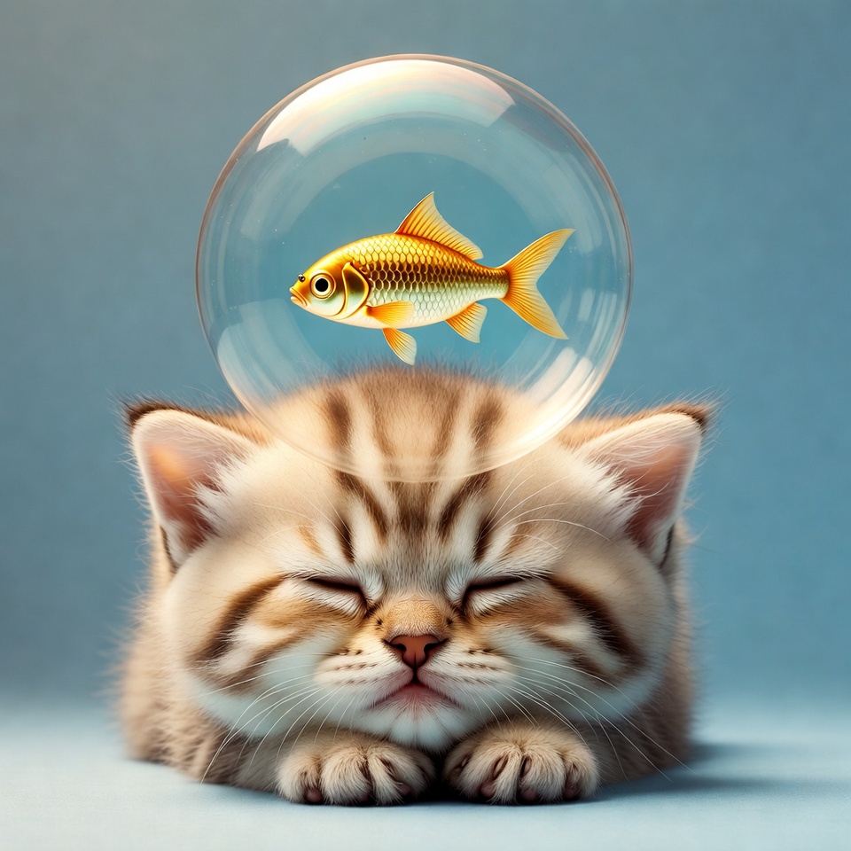 Sleeping kitten with goldfish in bubble Sleeping kitten with goldfish in bubble