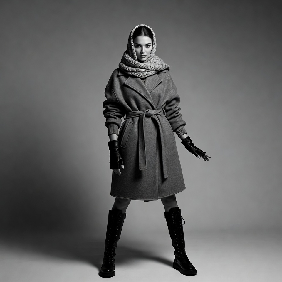 Woman in gray coat and headscarf Woman in gray coat and headscarf