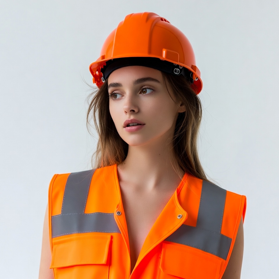 Woman wearing orange hard hat vest Woman wearing orange hard hat vest
