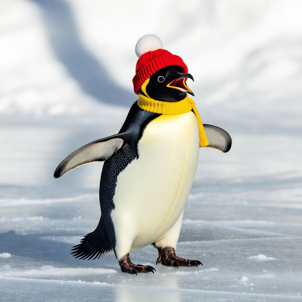Penguin wearing red hat and yellow scarf Penguin wearing red hat and yellow scarf