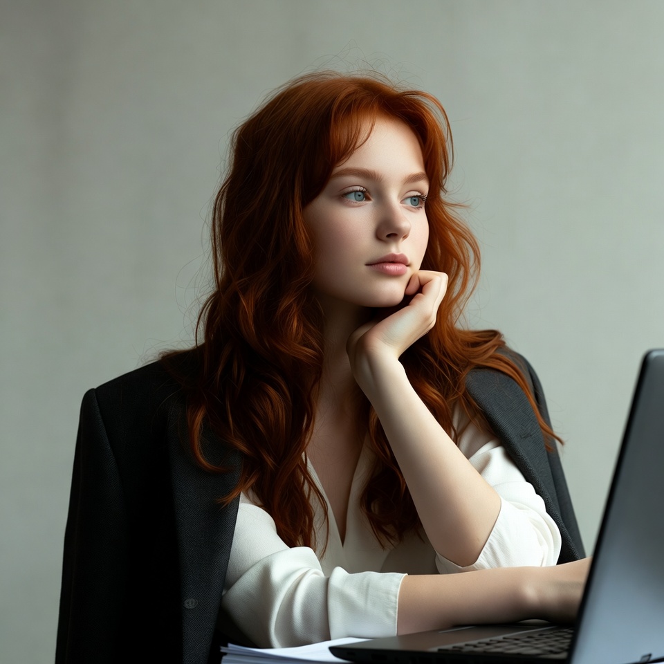 Redhead woman working at laptop Redhead woman working at laptop