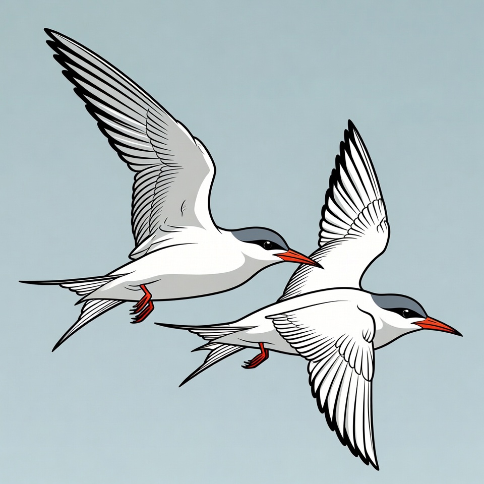 Two Arctic Terns Flying Illustration Two Arctic Terns Flying Illustration