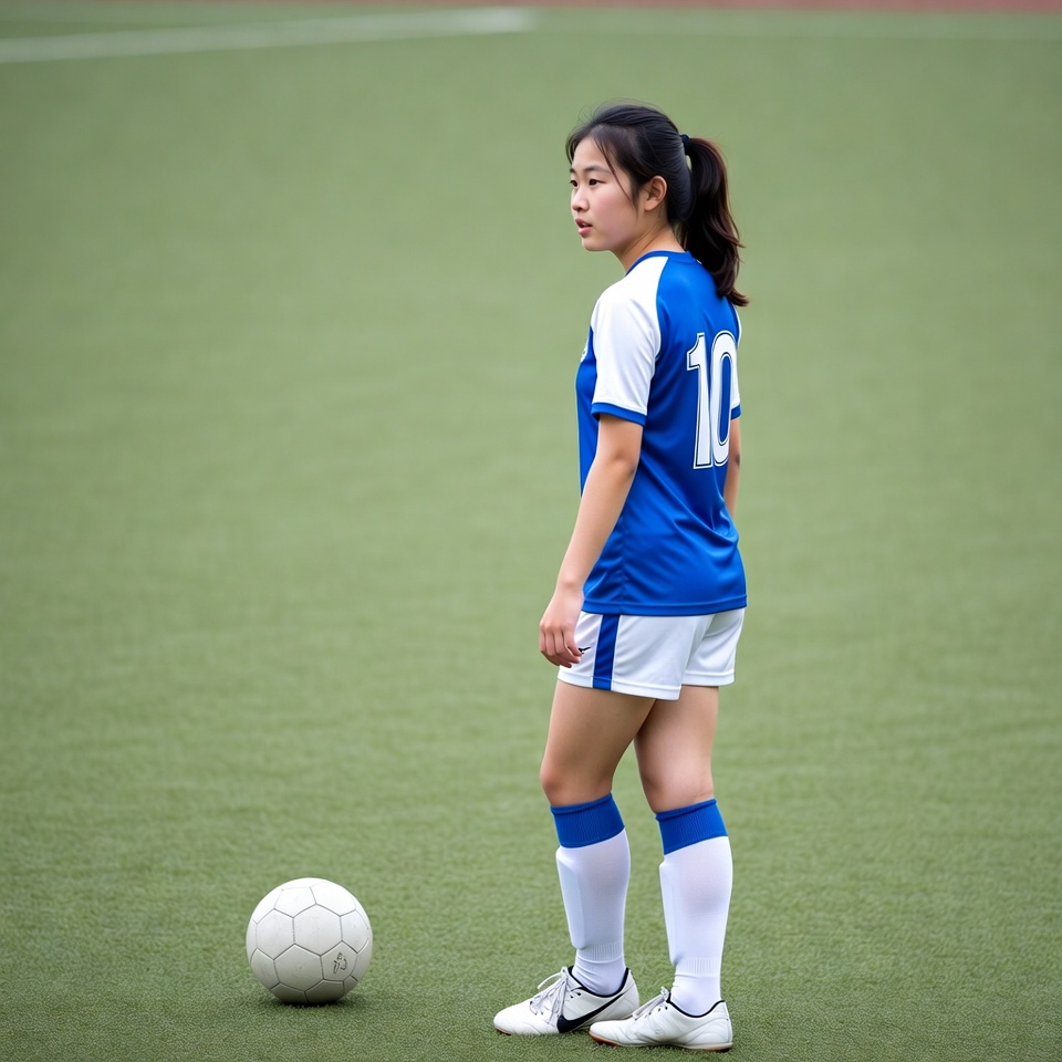 Asian girl in blue soccer uniform with ball Asian girl in blue soccer uniform with ball