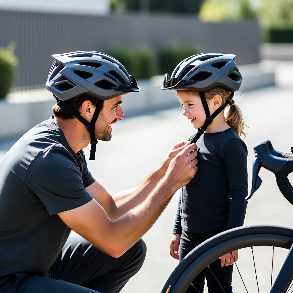 Father adjusting daughter's bike helmet Father adjusting daughter's bike helmet