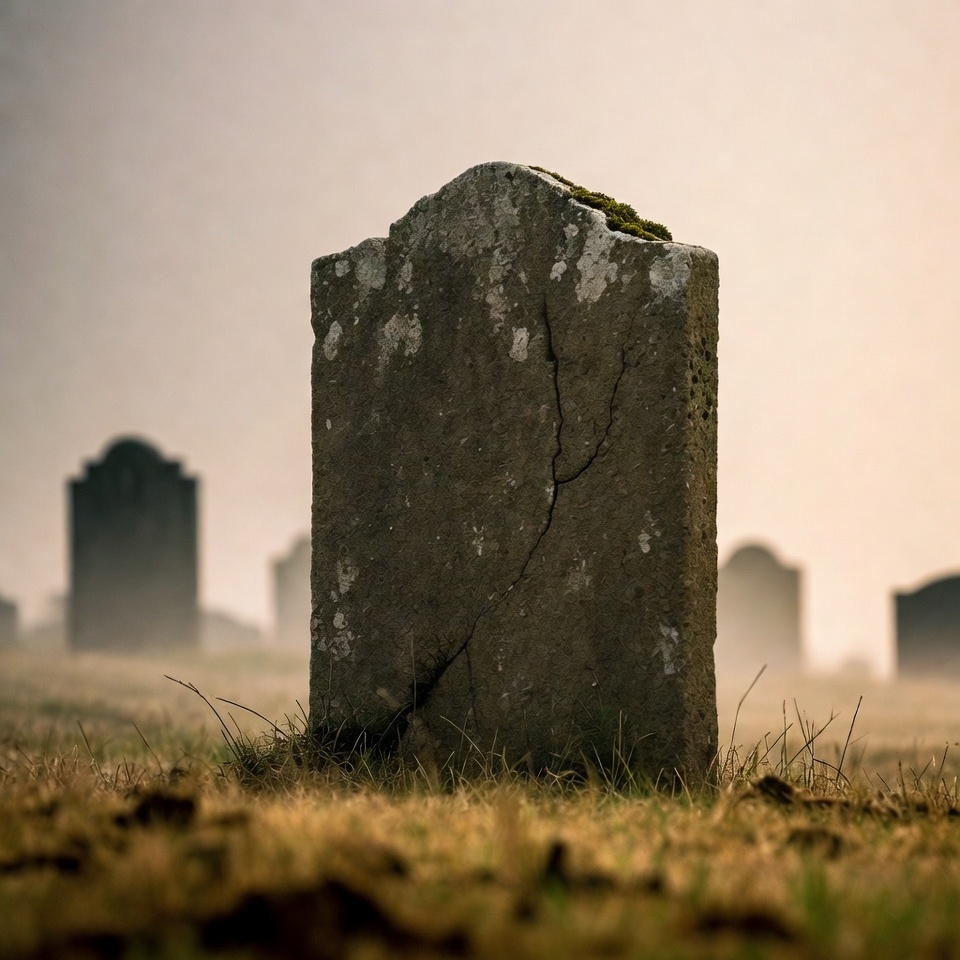 Old gravestone in foggy cemetery Old gravestone in foggy cemetery