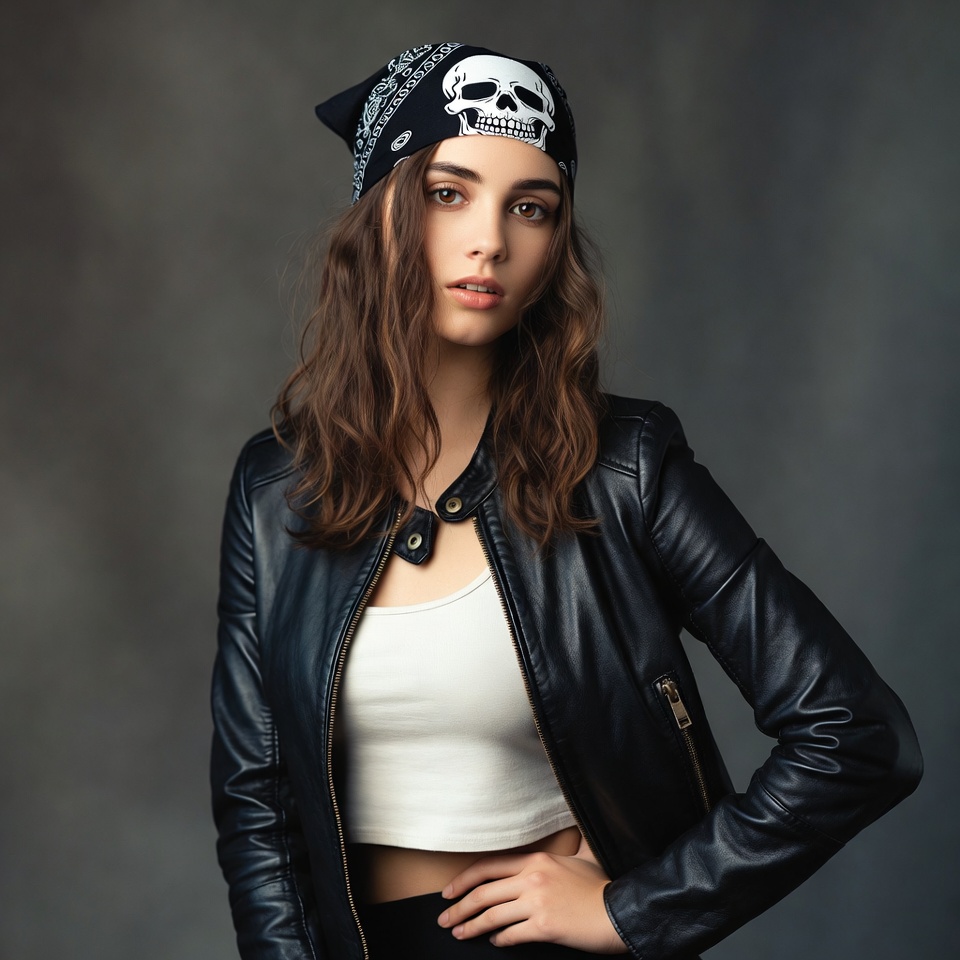 Woman in skull bandana and leather jacket Woman in skull bandana and leather jacket