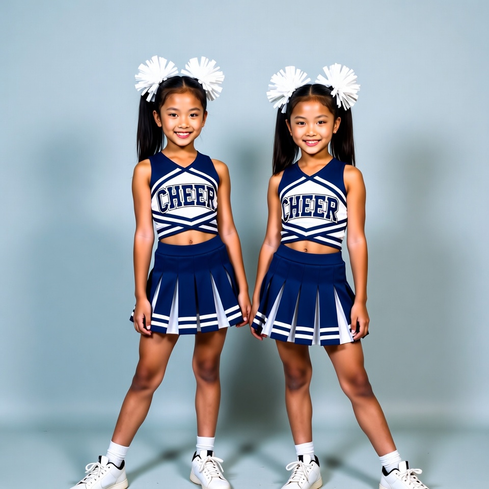 Twin Asian girls in cheerleader uniforms Twin Asian girls in cheerleader uniforms