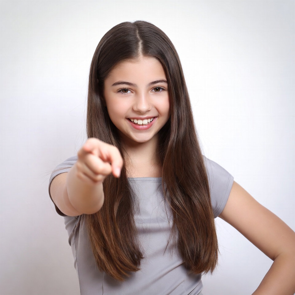 Smiling girl pointing at viewer Smiling girl pointing at viewer