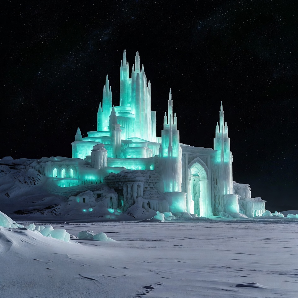 Glowing Ice Castle in Snowy Night Sky Glowing Ice Castle in Snowy Night Sky