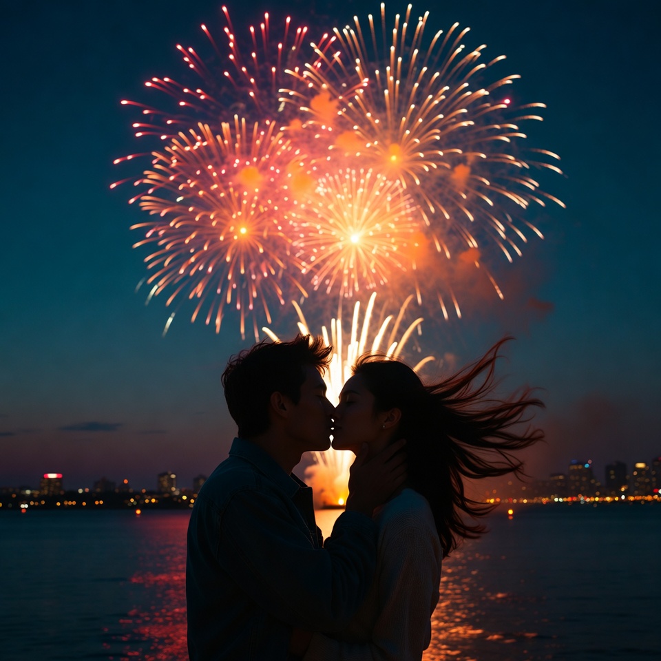 Asian couple kissing during fireworks Asian couple kissing during fireworks