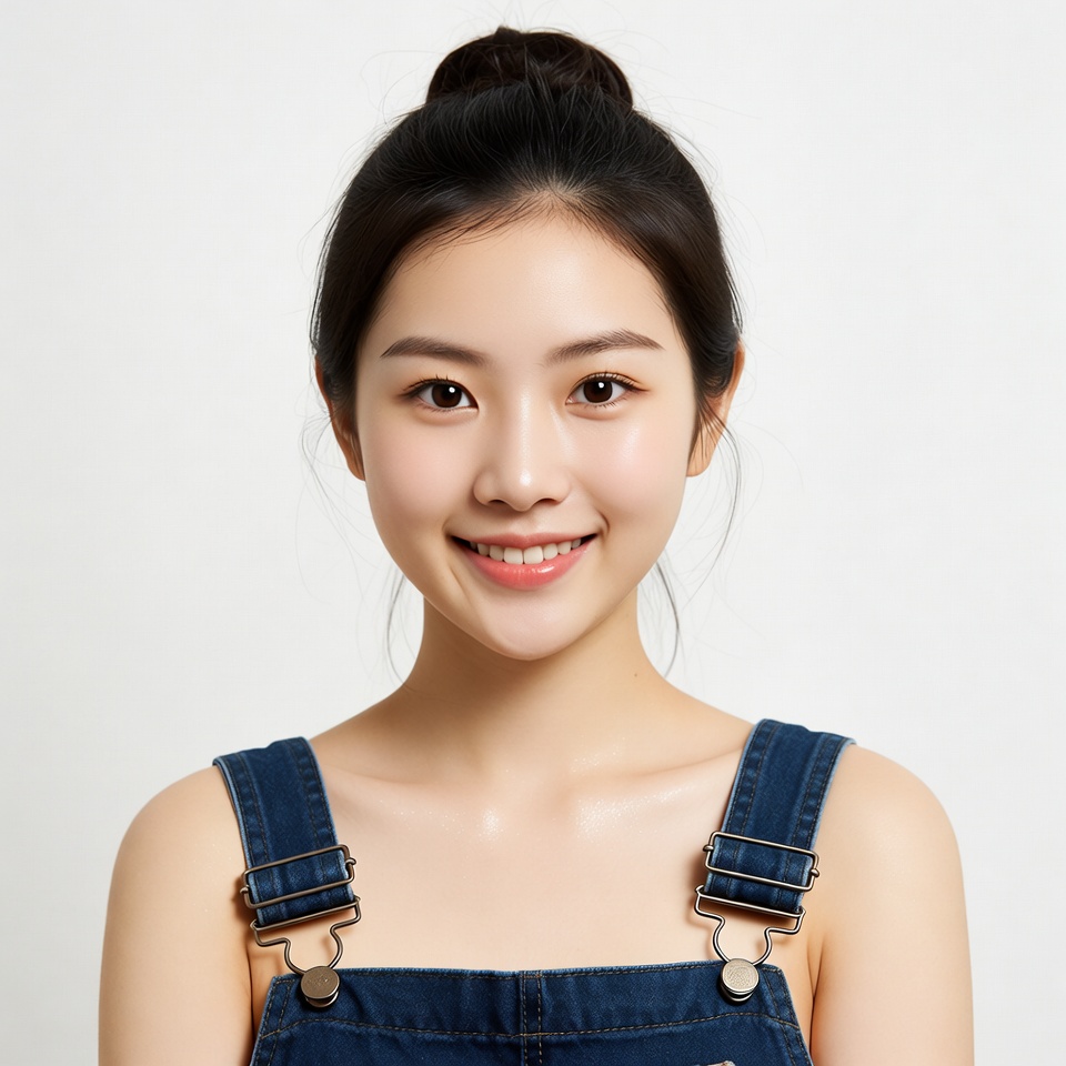 Asian woman in denim overalls smiling Asian woman in denim overalls smiling