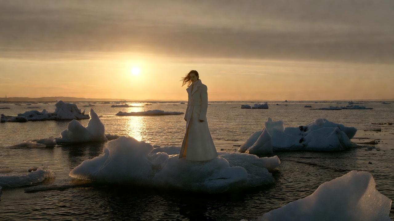 Woman standing on ice floe at sunset Woman standing on ice floe at sunset