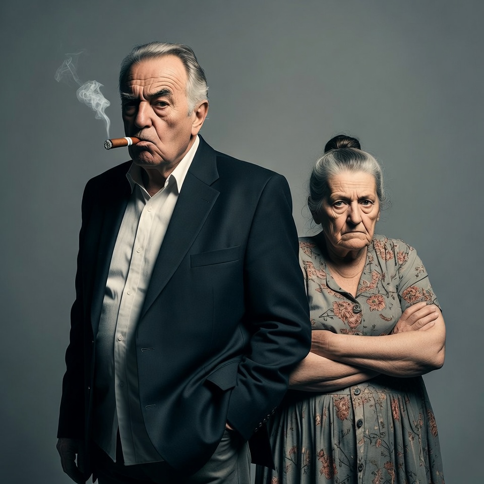 Elderly man smoking cigarette with wife Elderly man smoking cigarette with wife
