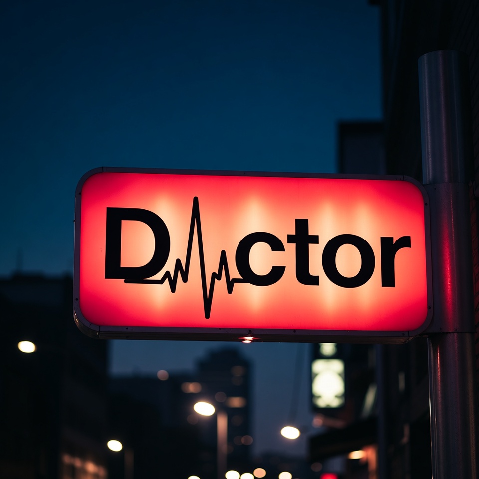 Red Doctor Sign with Heartbeat at Night Red Doctor Sign with Heartbeat at Night