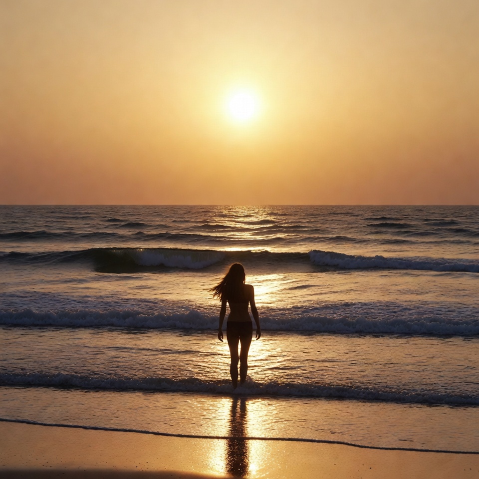Woman silhouette at sunset beach Woman silhouette at sunset beach