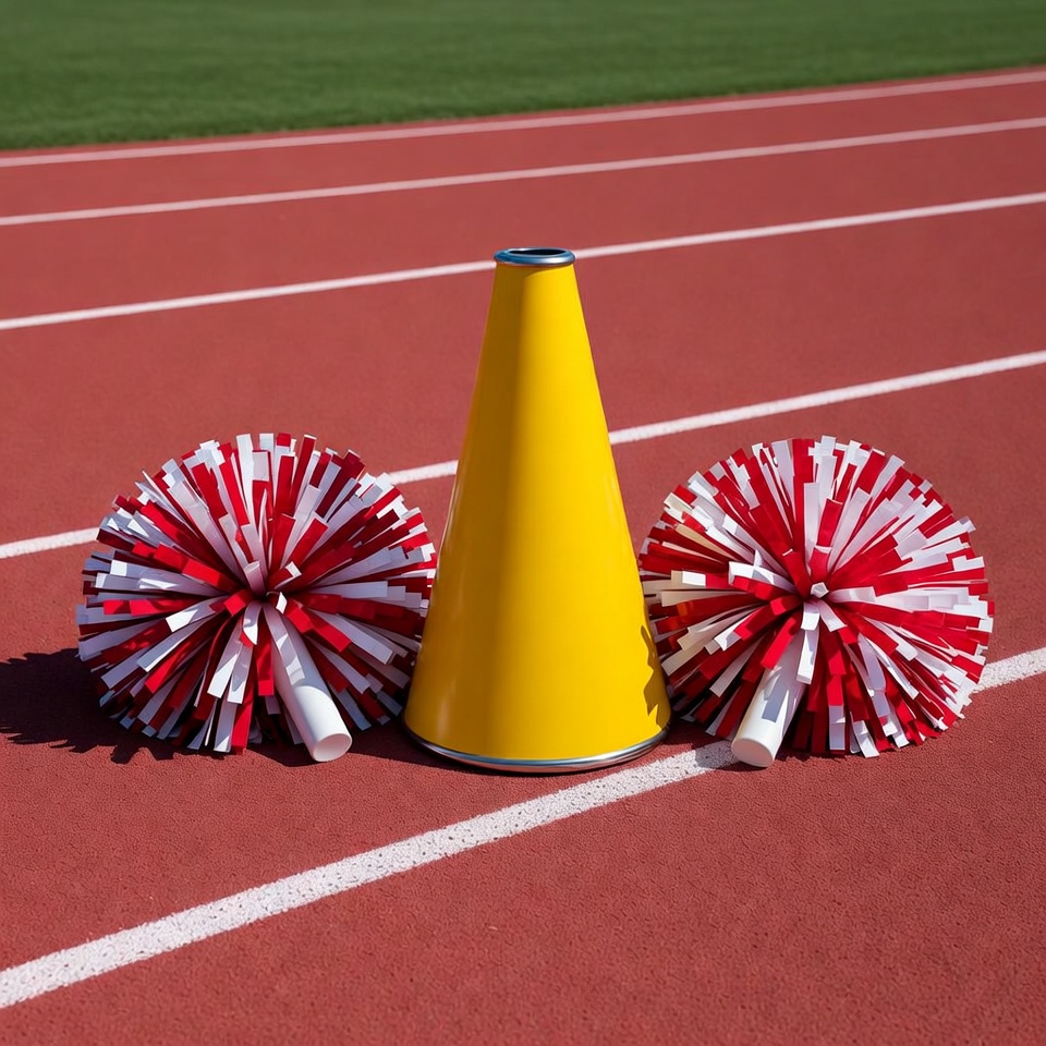 Yellow megaphone with red white pom poms Yellow megaphone with red white pom poms