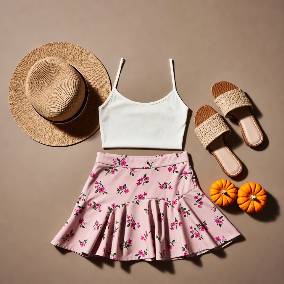 Pink Floral Outfit with Straw Hat Pink Floral Outfit with Straw Hat