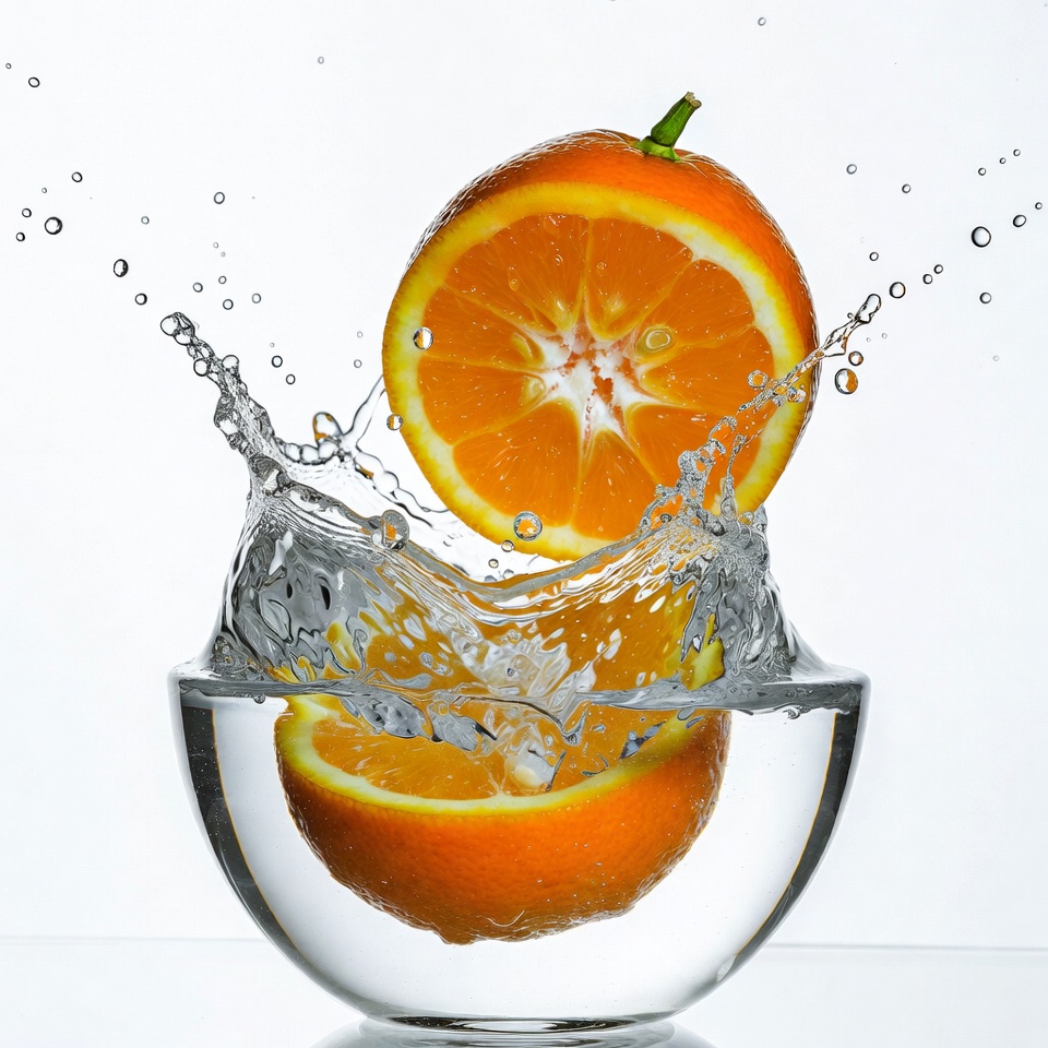 Orange Slices in Splashing Water Bowl Orange Slices in Splashing Water Bowl