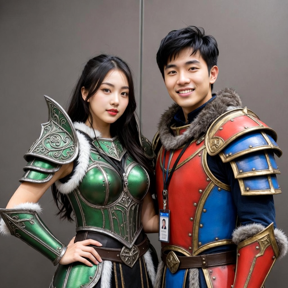 Asian Cosplay Couple in Green Red Armor Asian Cosplay Couple in Green Red Armor