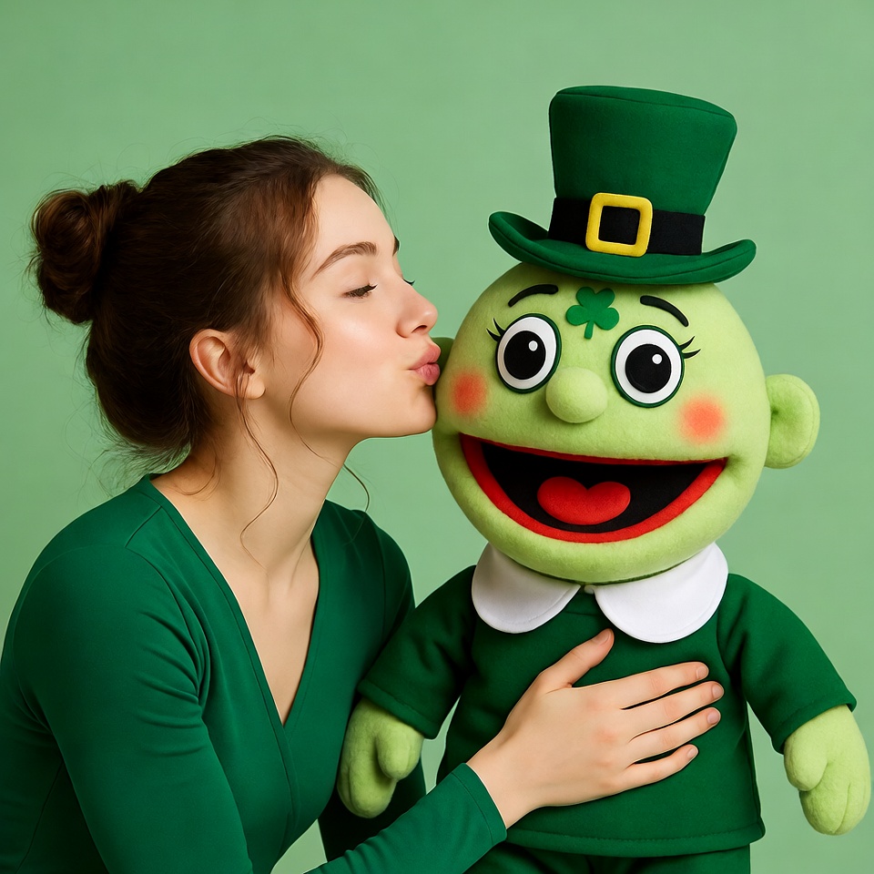 Woman kissing green leprechaun puppet Woman kissing green leprechaun puppet