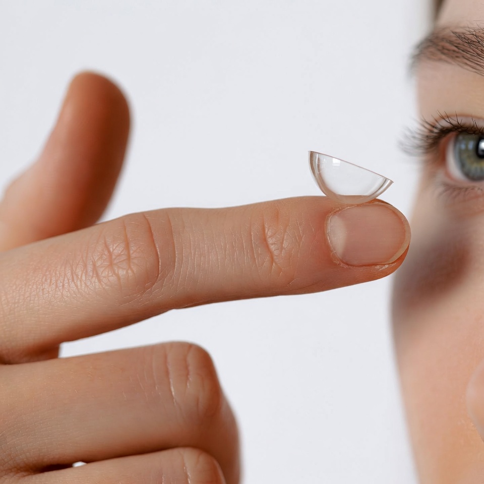 Woman holding contact lens near eye Woman holding contact lens near eye