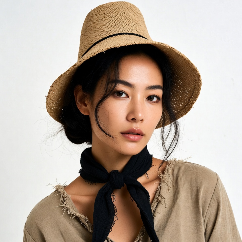 Asian woman wearing straw hat Asian woman wearing straw hat