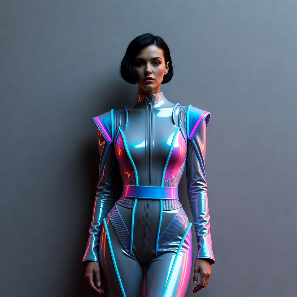 Woman in Shiny Blue Latex Bodysuit Woman in Shiny Blue Latex Bodysuit