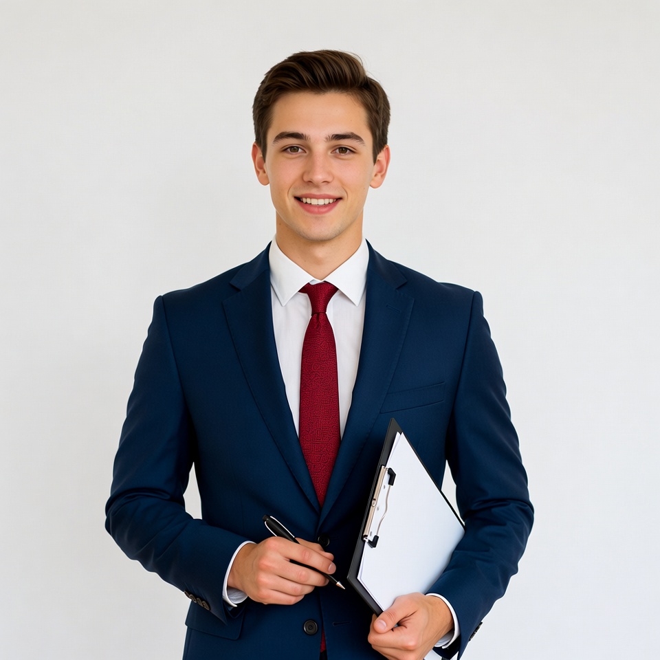 Young man in suit holding clipboard Young man in suit holding clipboard