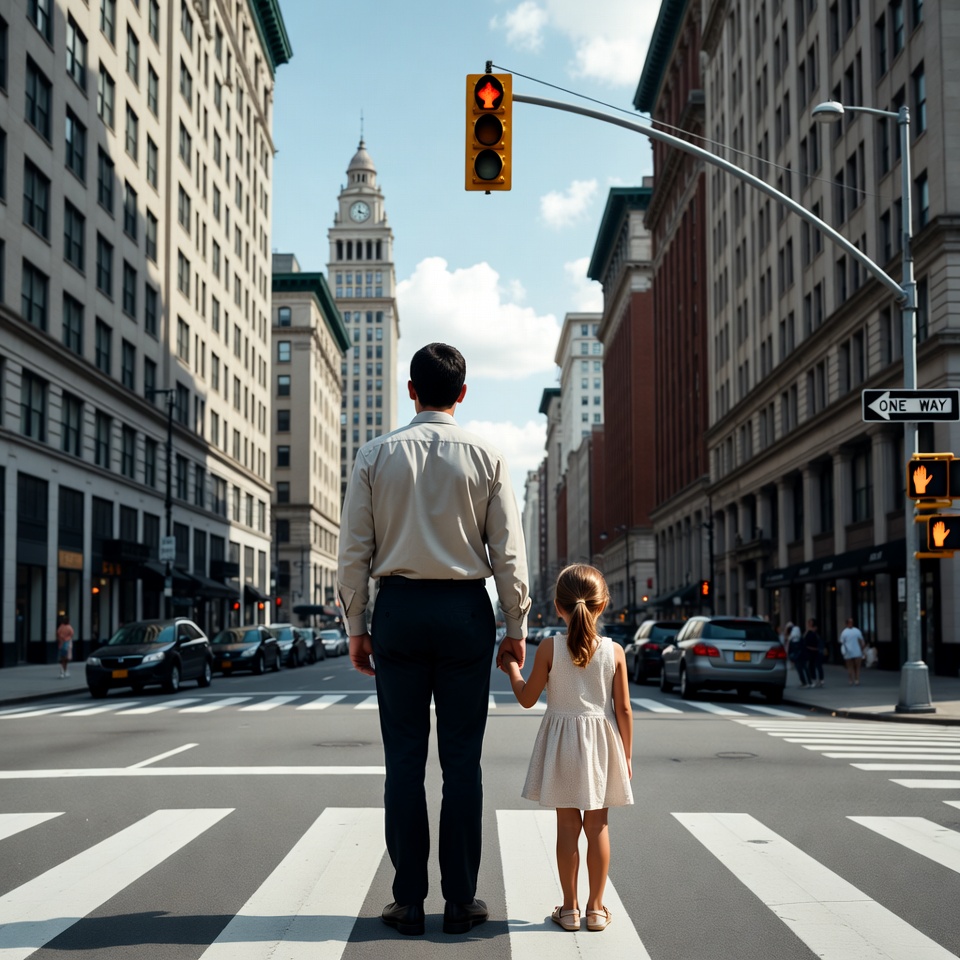 Father and daughter at crosswalk Father and daughter at crosswalk