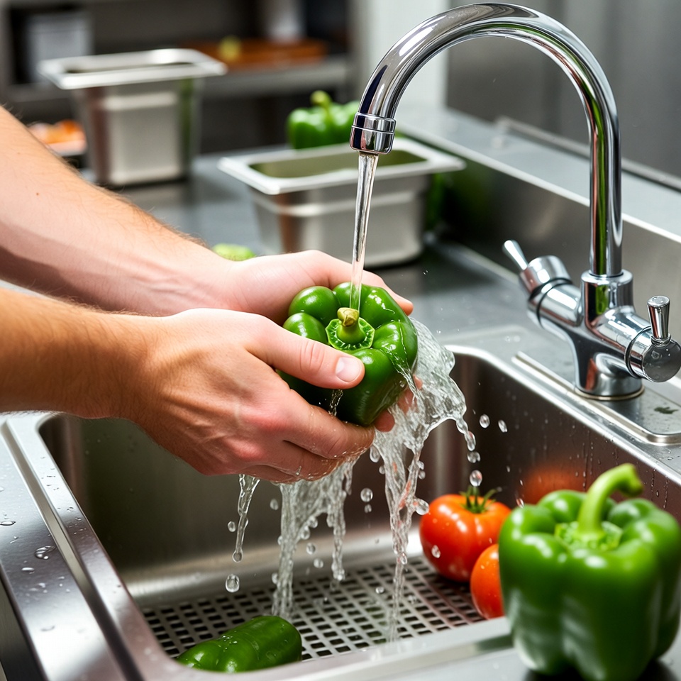 Man washing green bell pepper sink Man washing green bell pepper sink