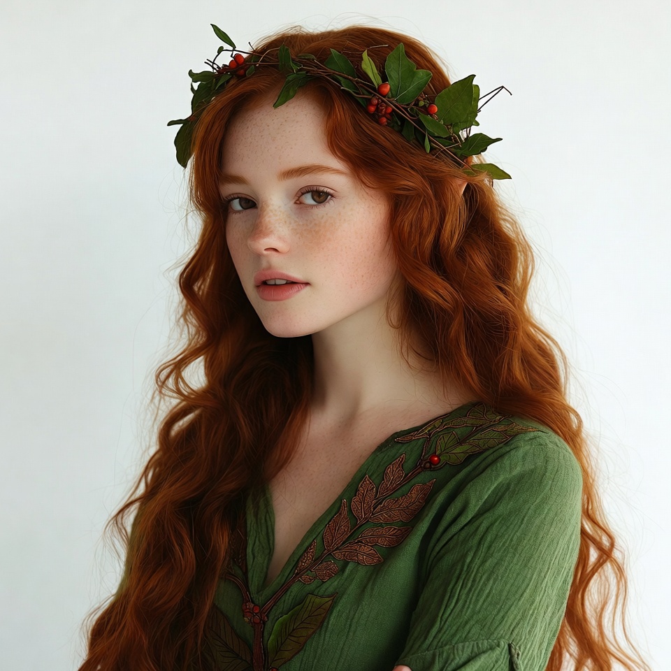 Redhead woman with holly leaf crown Redhead woman with holly leaf crown