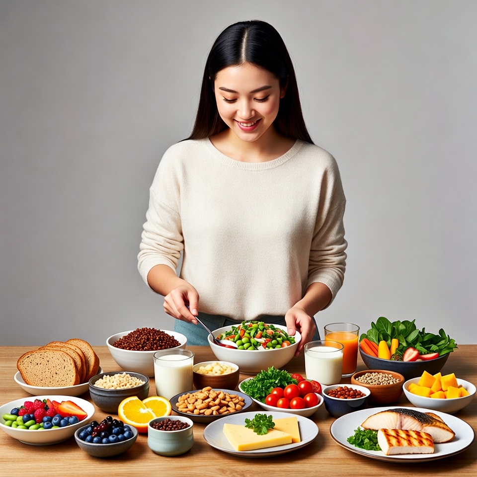 Asian woman smiling at healthy food spread Asian woman smiling at healthy food spread