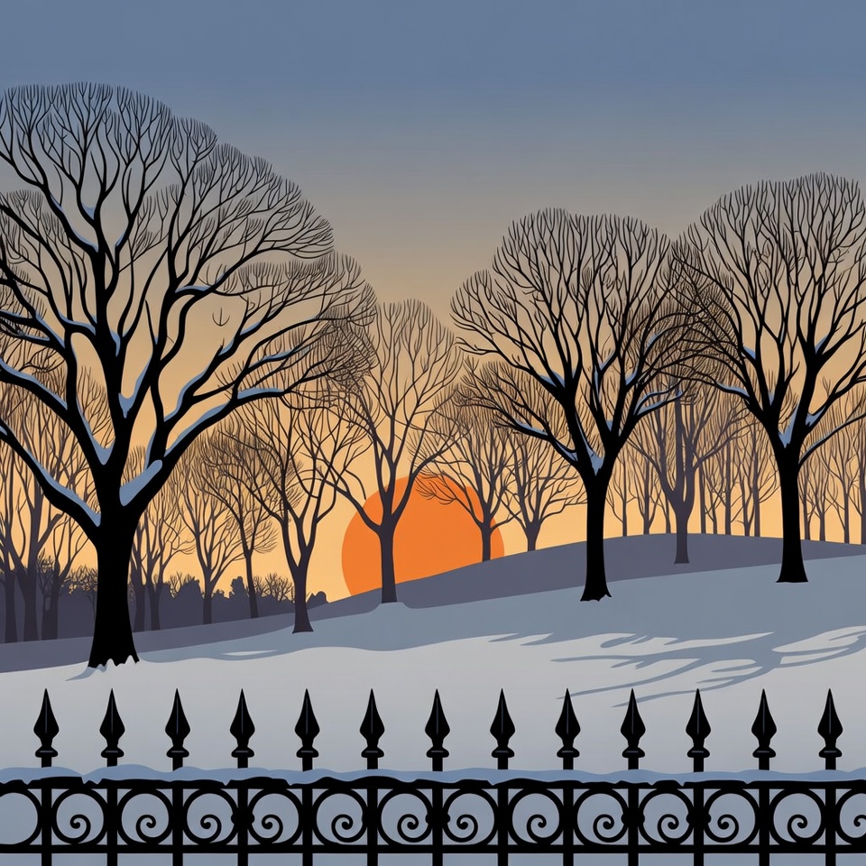 Winter Sunset Over Snowy Trees and Fence Winter Sunset Over Snowy Trees and Fence