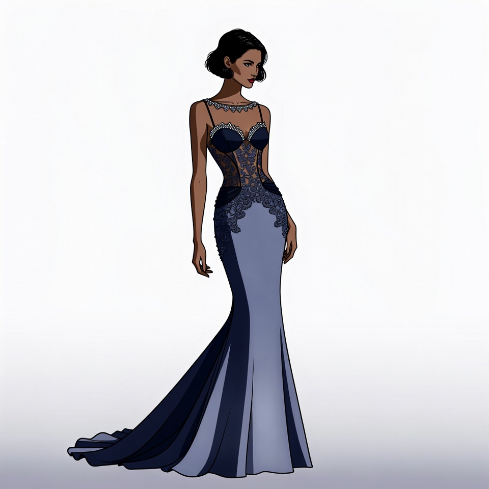 Elegant woman in navy lace gown Elegant woman in navy lace gown