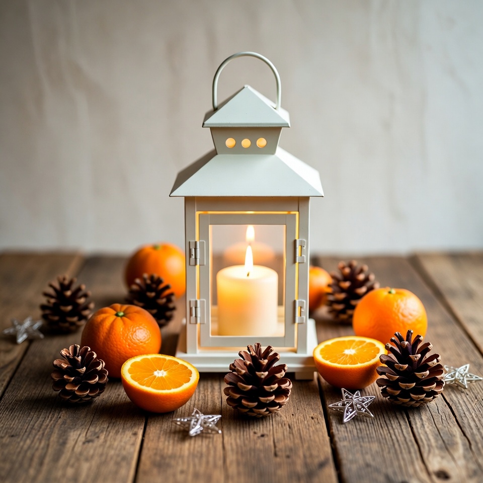 White Lantern with Candle Oranges Pinecones White Lantern with Candle Oranges Pinecones