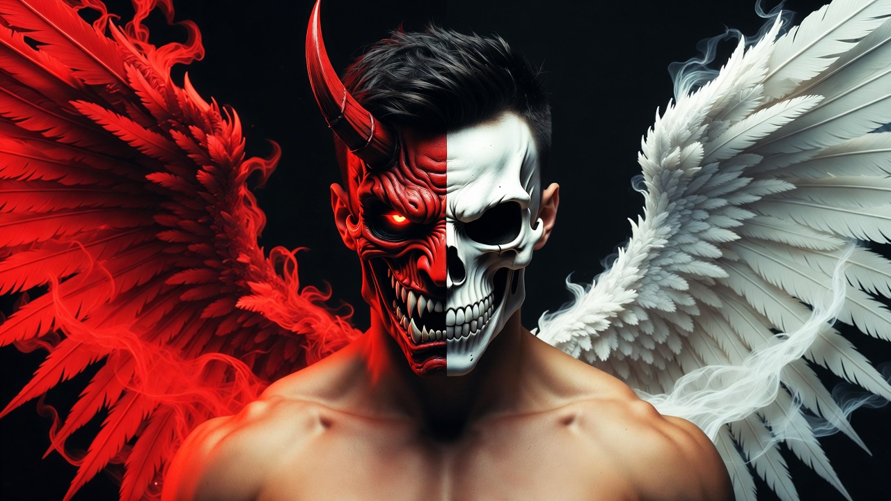 Man with Half Demon Half Angel Mask Man with Half Demon Half Angel Mask