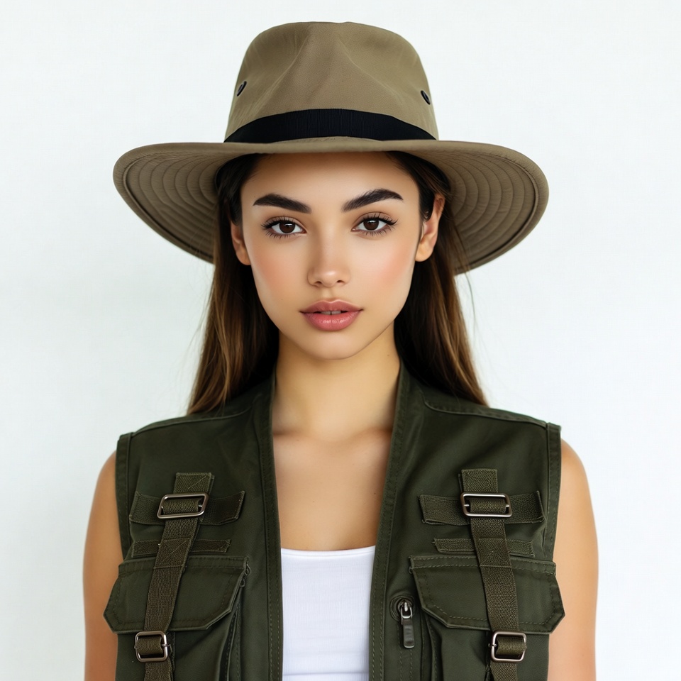 Woman in khaki hat and vest Woman in khaki hat and vest