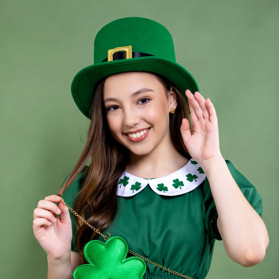 Girl in green leprechaun costume waving Girl in green leprechaun costume waving