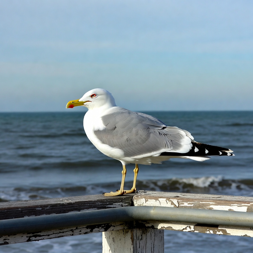 Seagull standing on pier by ocean Seagull standing on pier by ocean