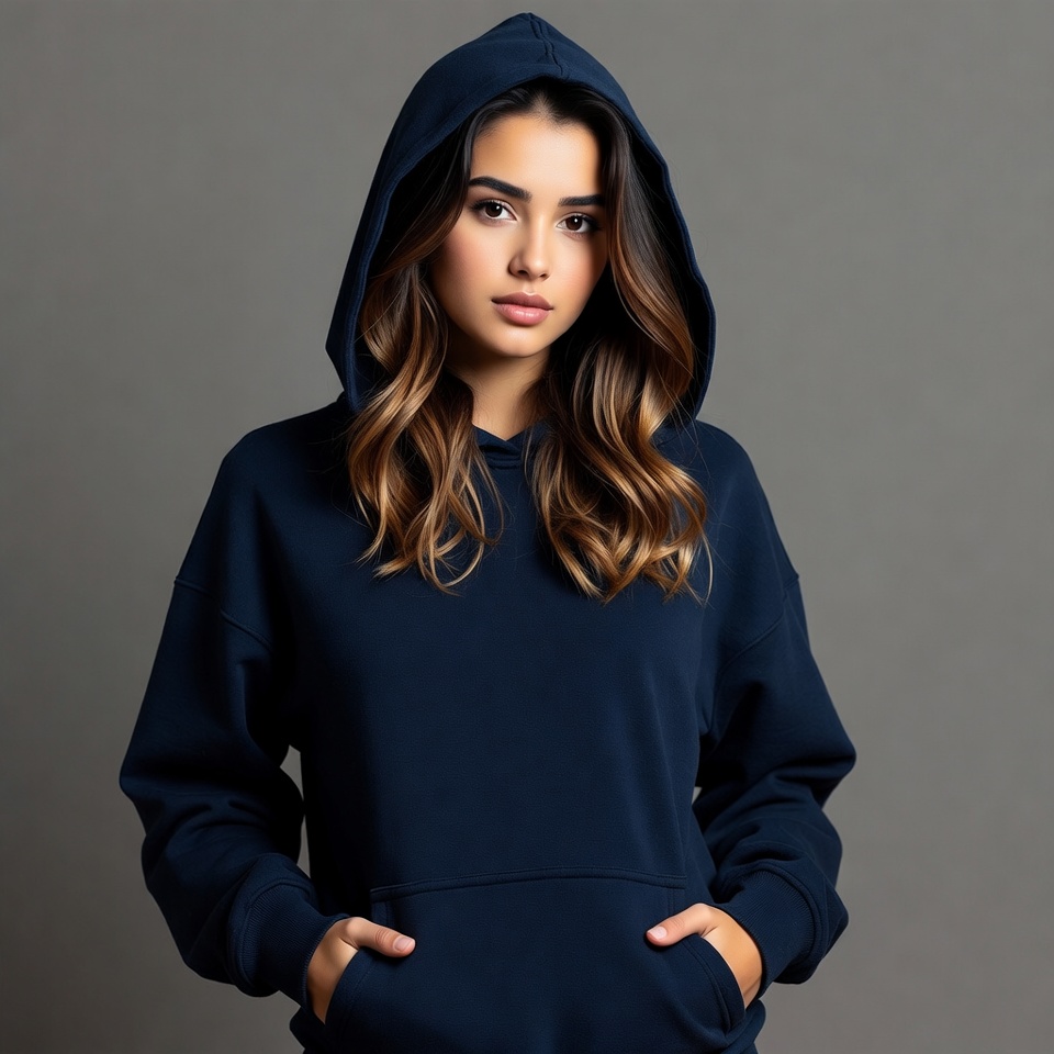 Woman in navy blue hoodie Woman in navy blue hoodie