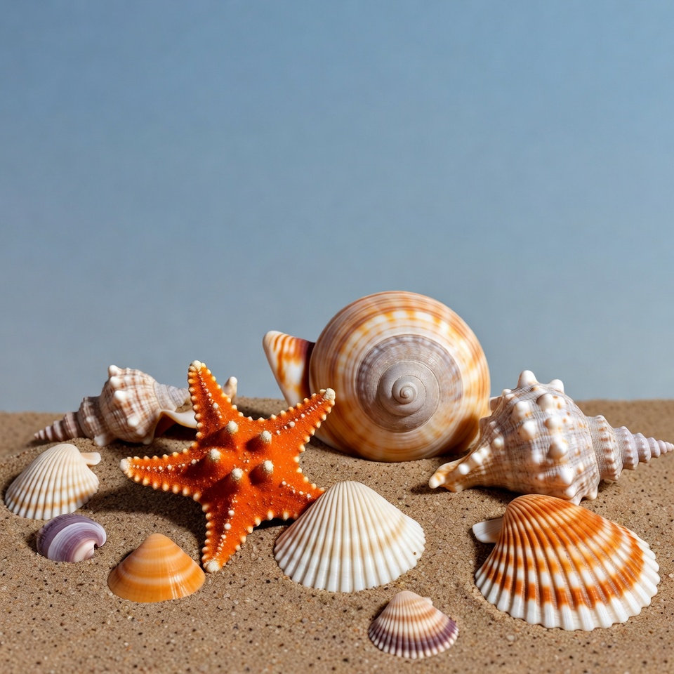 Colorful Seashells and Starfish on Sand Colorful Seashells and Starfish on Sand