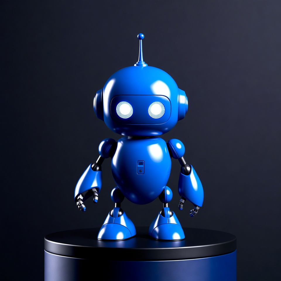 Blue robot on black pedestal Blue robot on black pedestal