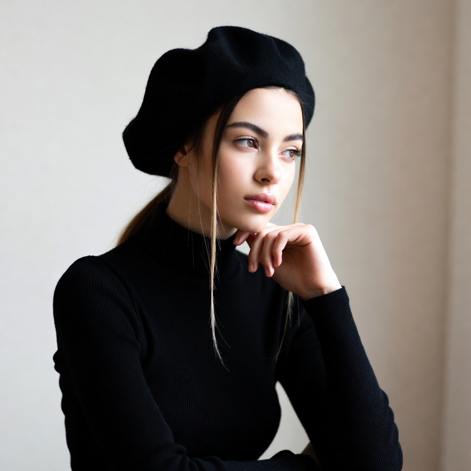 Woman in black beret pondering Woman in black beret pondering