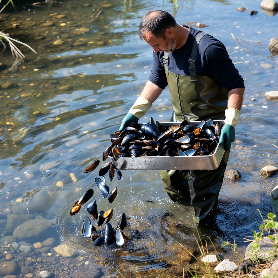 Man harvesting mussels in river Man harvesting mussels in river