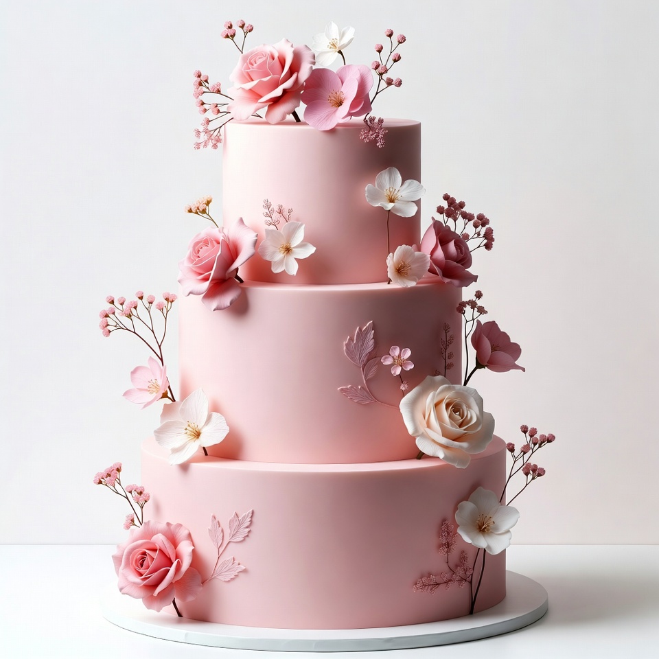Three-tier pink rose wedding cake Three-tier pink rose wedding cake