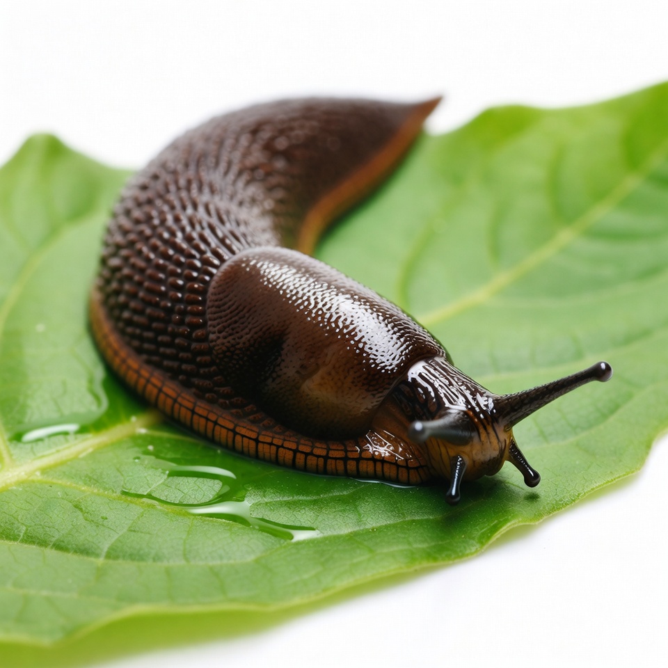 Brown slug on green leaf Brown slug on green leaf