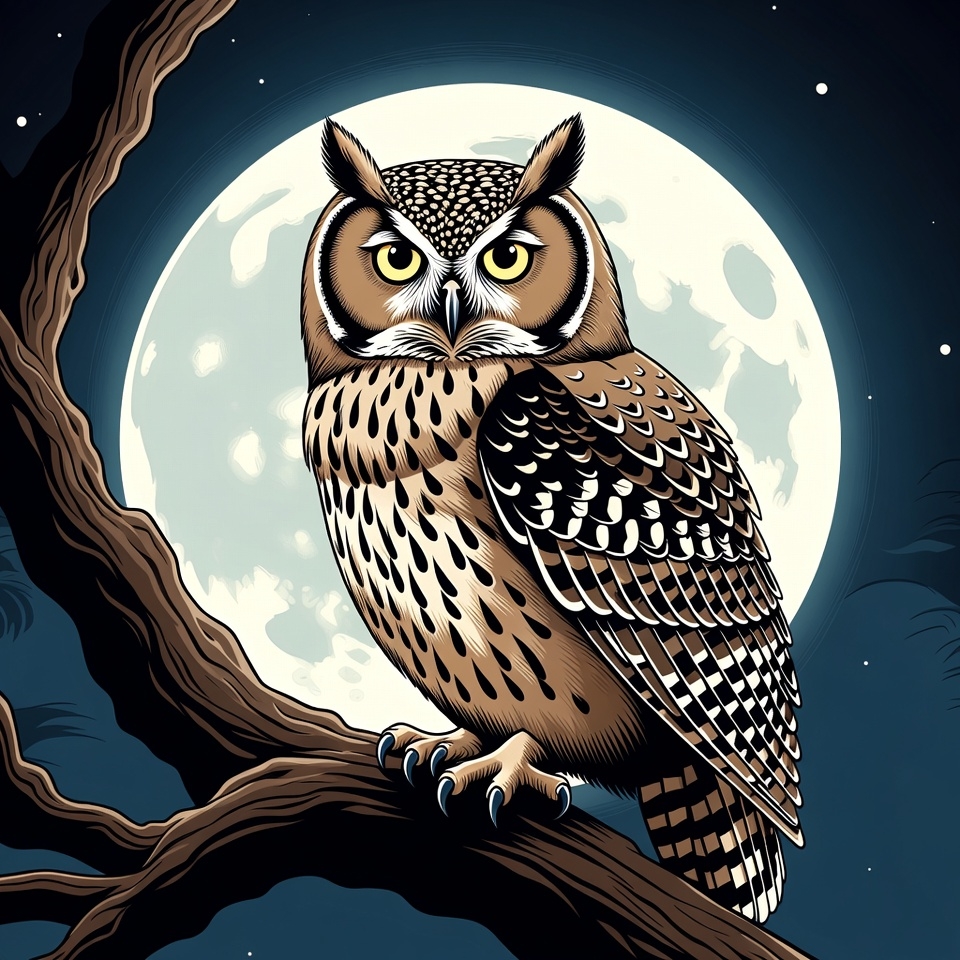 Owl perched on branch under full moon Owl perched on branch under full moon