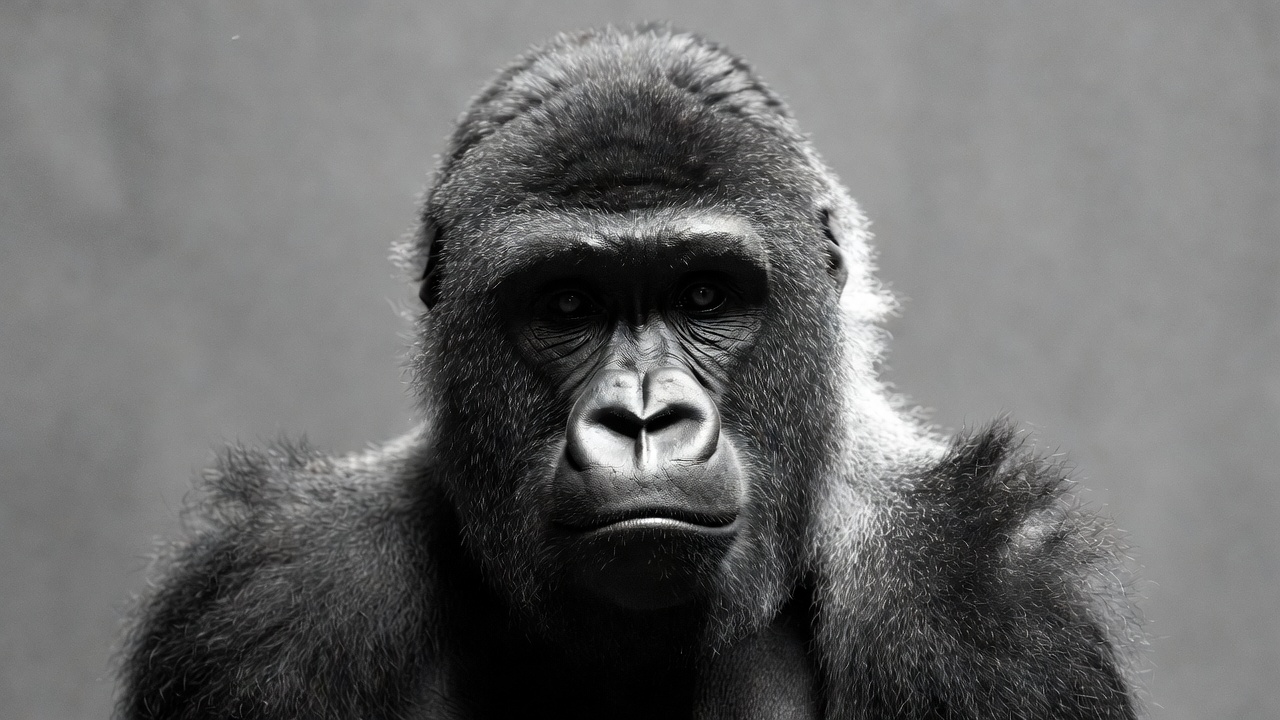 Close-up black and white gorilla portrait Close-up black and white gorilla portrait